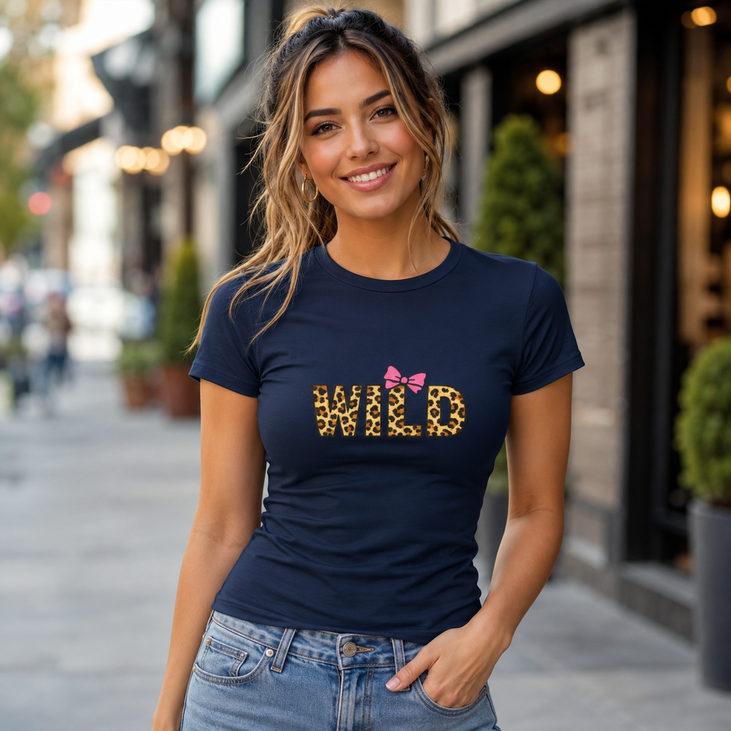 Wild Leopard Print Tee with Pink Bow – Women's Graphic Shirt