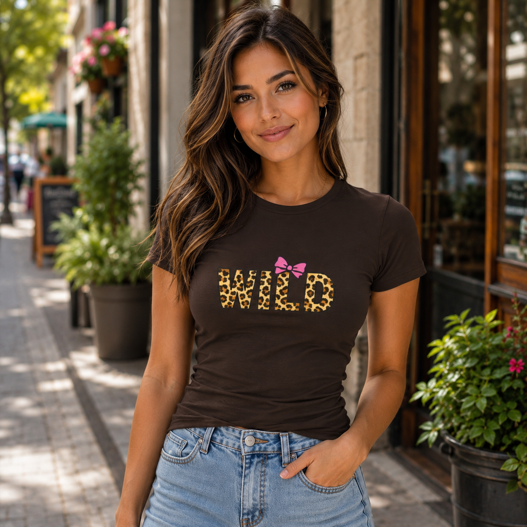 Wild Leopard Print Tee with Pink Bow – Women's Graphic Shirt