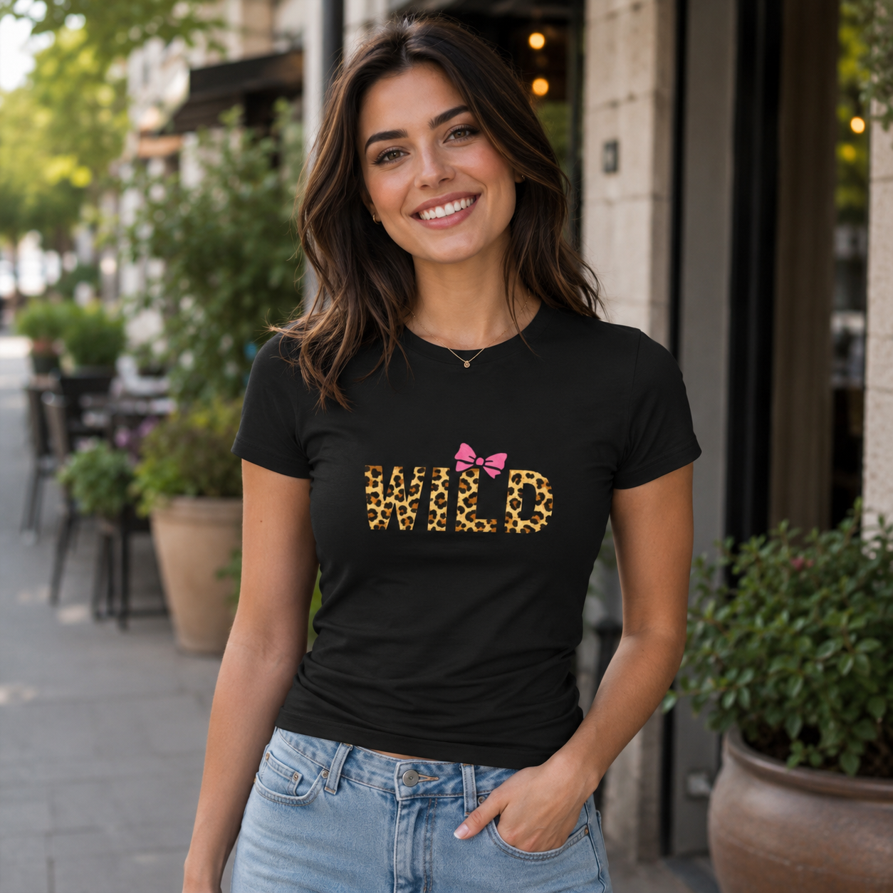 Wild Leopard Print Tee with Pink Bow – Women's Graphic Shirt