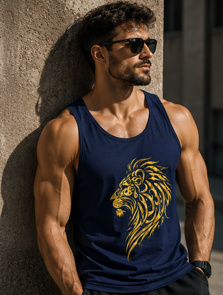 Lion Head Graphic Tank Top — Gold Tribal Mane Design