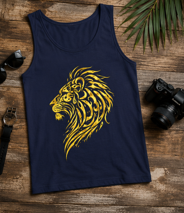 Lion Head Graphic Tank Top — Gold Tribal Mane Design