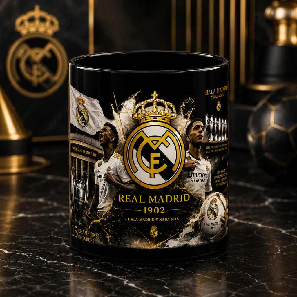 Real Madrid Black Coffee Mug — Soccer Fan Gift (Nala Madrid Design)