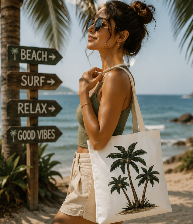 Palm Tree Tote Bag — Tropical Beach Canvas Tote for Summer, Vacation & Everyday Use
