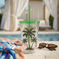 Palm Tree Tumbler — 16oz Clear Travel Cup with Straw, Tropical Sunsplash Design