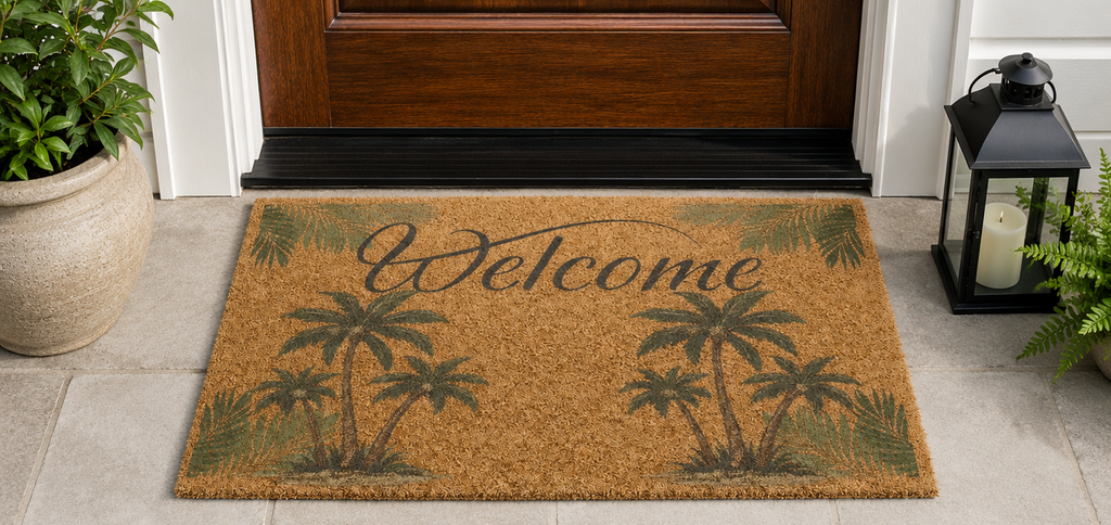 Welcome Palm Doormat — Tropical Coir Entrance Mat