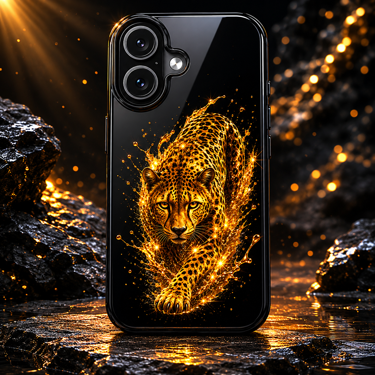 Golden Cheetah Tough Phone Case — Fierce Splash Design, Protective iPhone Cover