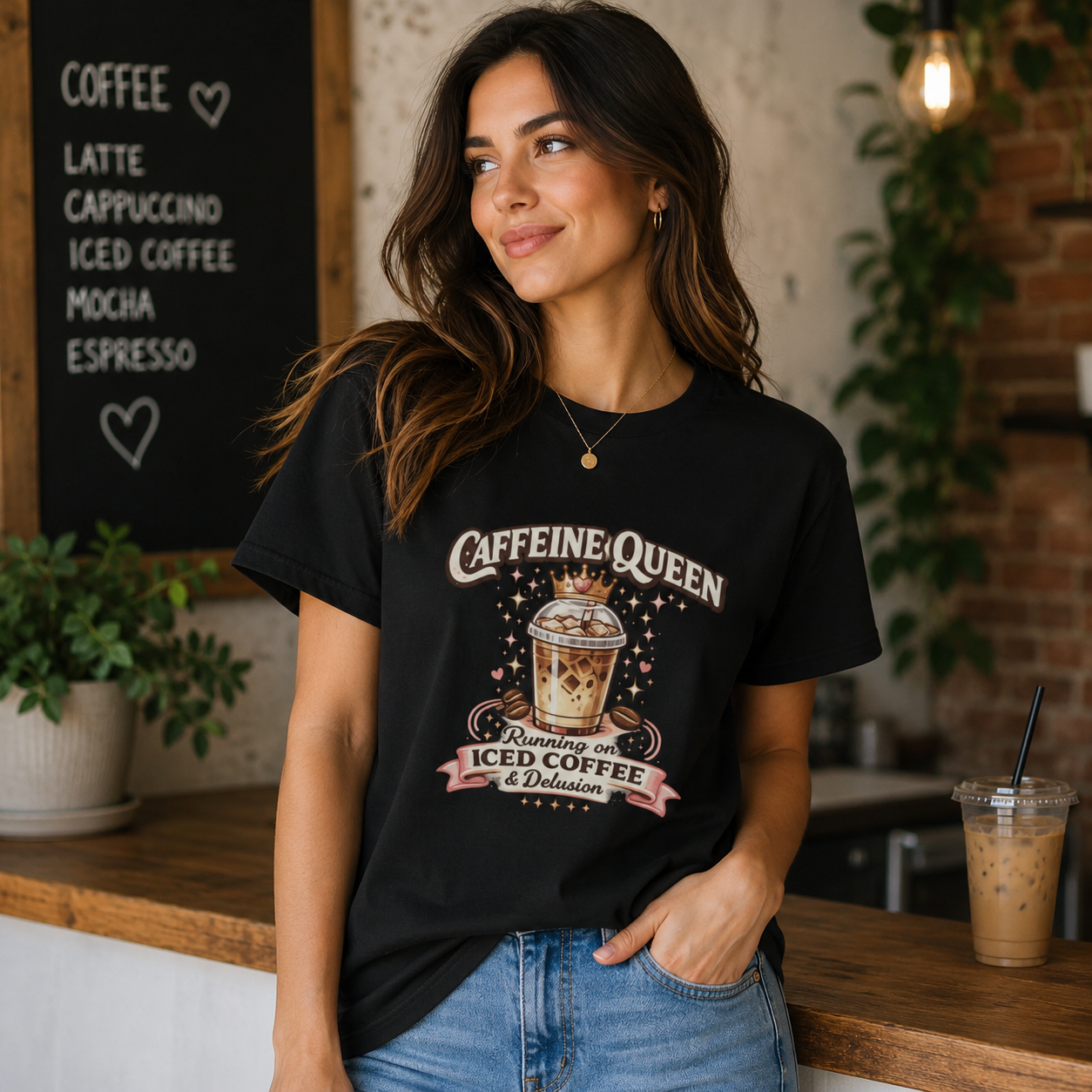 Caffeine Queen Iced Coffee Graphic T-Shirt | Coffee Lover Tee
