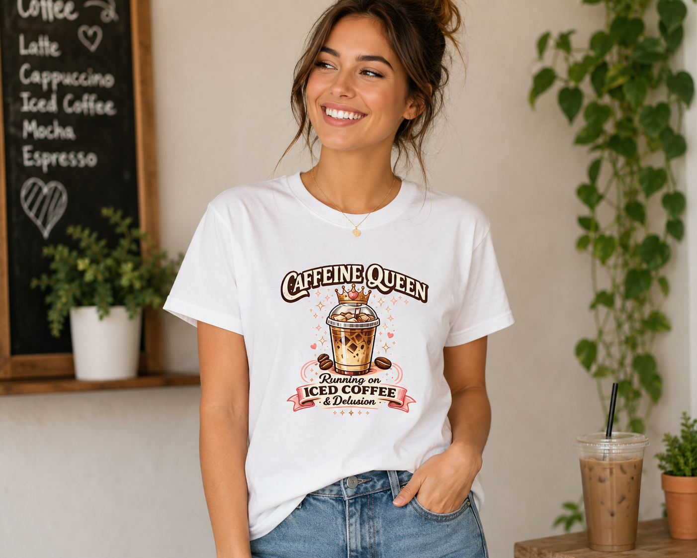 Caffeine Queen Iced Coffee Graphic T-Shirt | Coffee Lover Tee