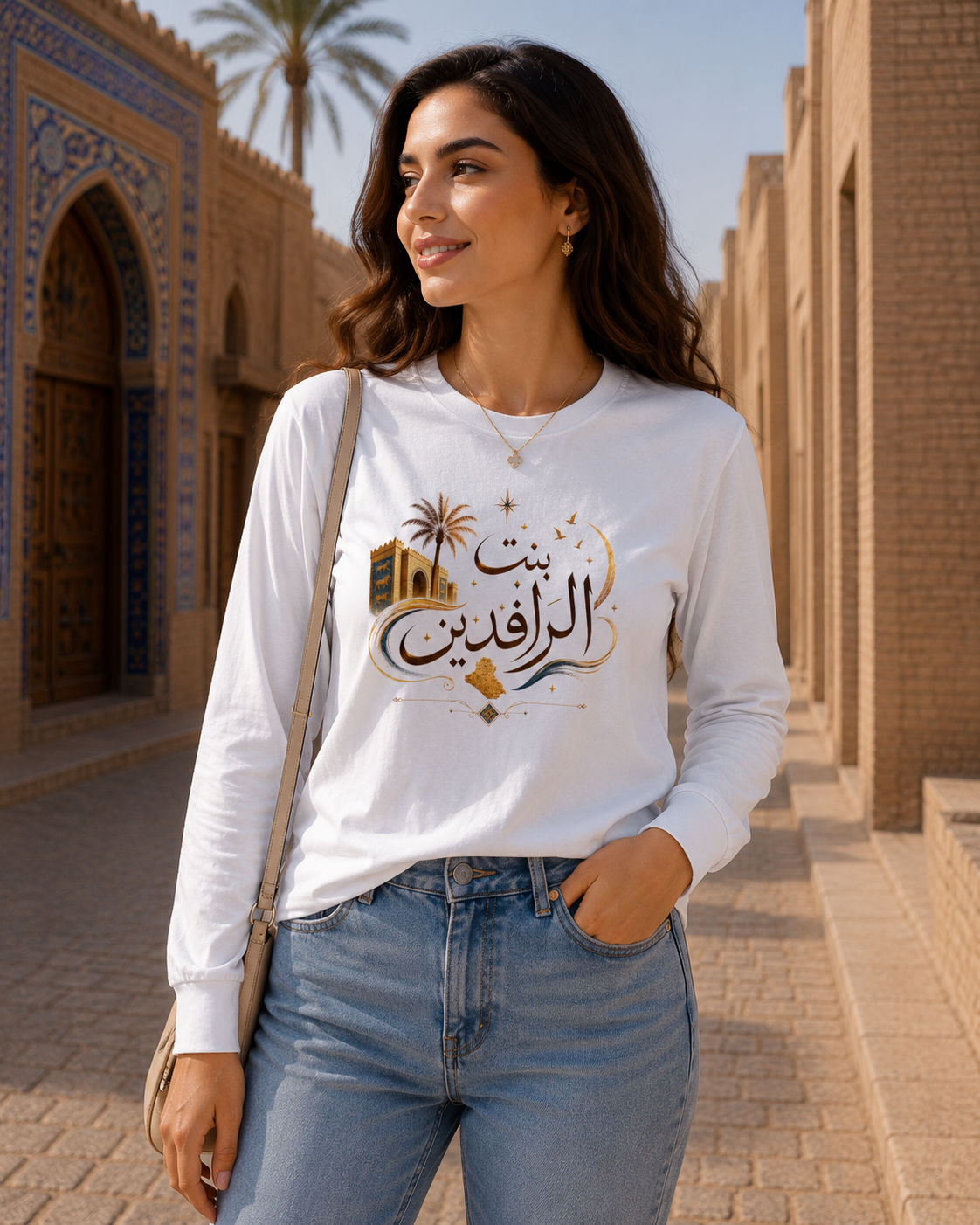 Long Sleeve — بنت الرافدين Arabic Calligraphy Tee (Iraqi Pride)