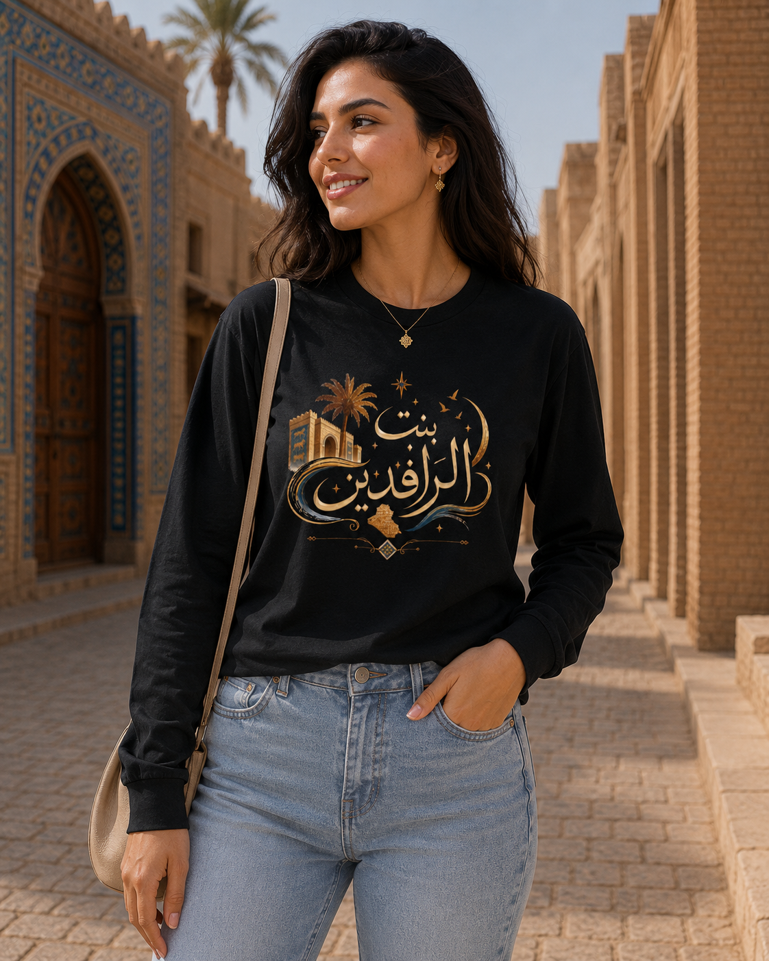 Long Sleeve — بنت الرافدين Arabic Calligraphy Tee (Iraqi Pride)