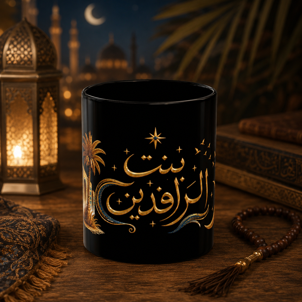 Arabic Calligraphy Black Mug — 'Bint al-Rafidayn' Crescent & Palm Design