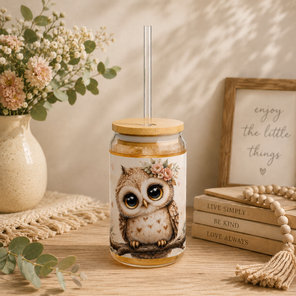 Cute Floral Owl Sipper Glass - 16oz Cute Baby Owl Drinking Jar with Straw