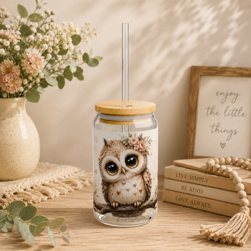 Cute Floral Owl Sipper Glass - 16oz Cute Baby Owl Drinking Jar with Straw