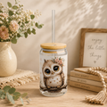 Cute Floral Owl Sipper Glass - 16oz Cute Baby Owl Drinking Jar with Straw