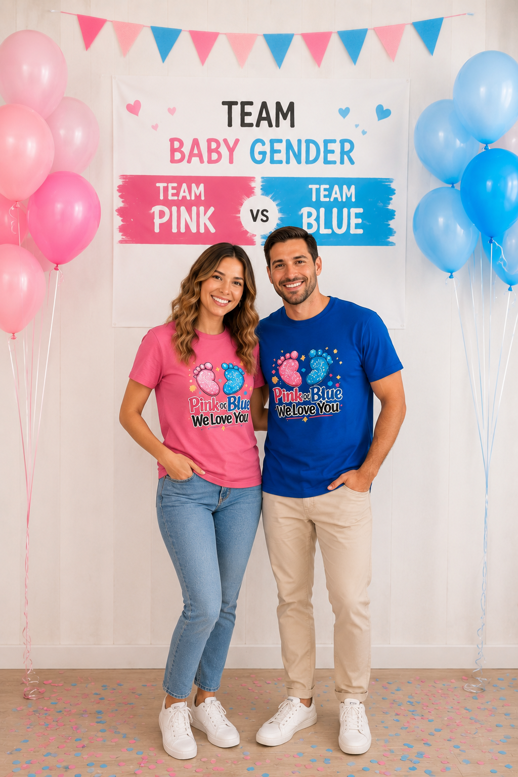 Gender Reveal Baby Footprint T-Shirt — "Pink & Blue We Love You"