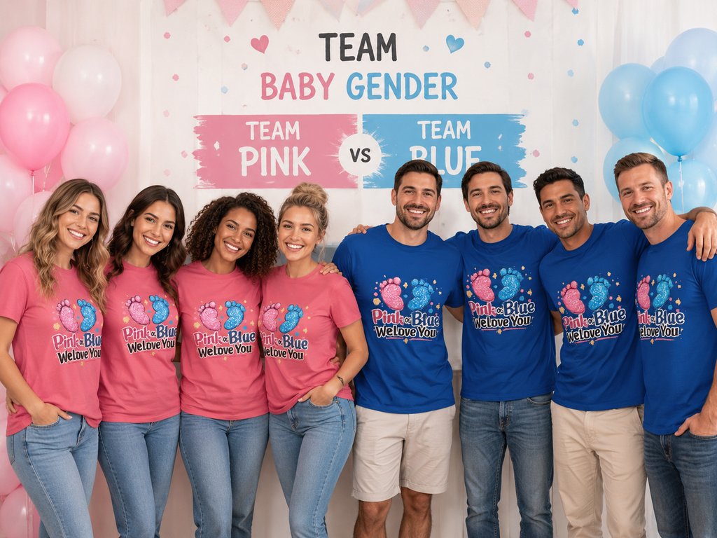 Gender Reveal Baby Footprint T-Shirt — "Pink & Blue We Love You"