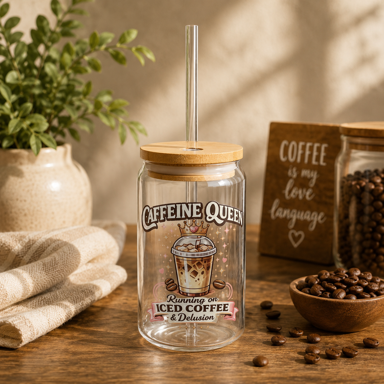 Caffeine Queen iced coffee illustration Sipper Glass | 16oz