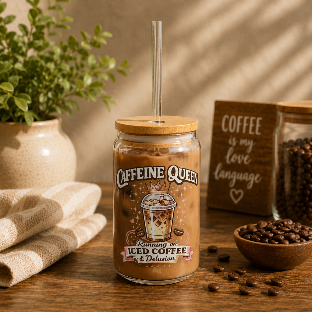Caffeine Queen iced coffee illustration Sipper Glass | 16oz