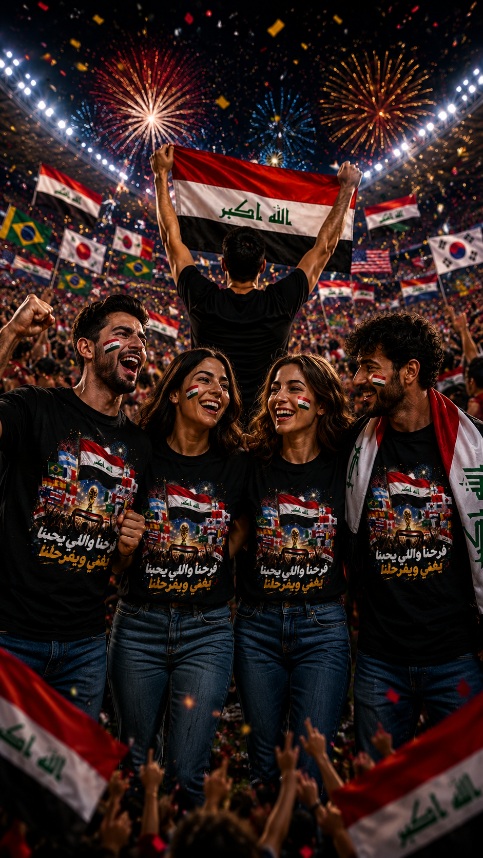 Iraq Flag T-Shirt — Arabic Pride Design (’فرحنا واللي يحبنا ’)