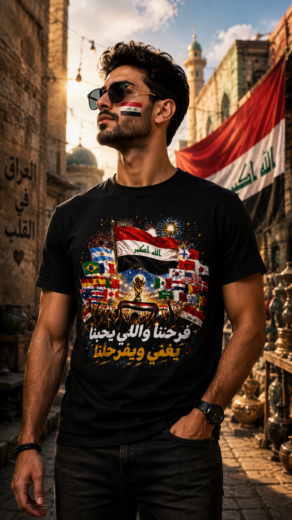 Iraq Flag T-Shirt — Arabic Pride Design (’فرحنا واللي يحبنا ’)