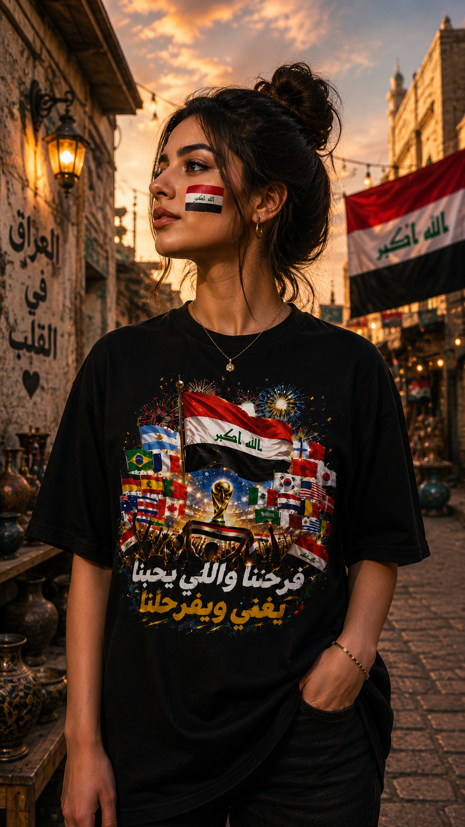 Iraq Flag T-Shirt — Arabic Pride Design (’فرحنا واللي يحبنا ’)