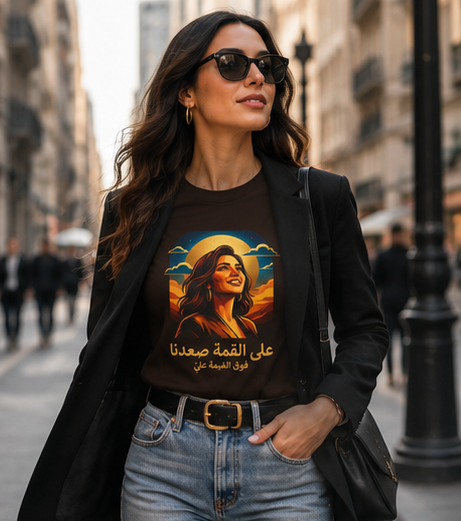 T-Shirt — Radiant Sunset Portrait with Arabic Script (على القمة صعدنا)