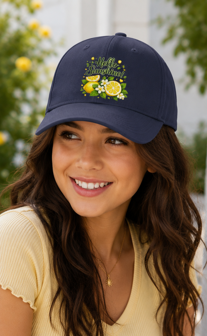Hello Sunshine Lemon Dad Hat — Bright Floral Baseball Cap