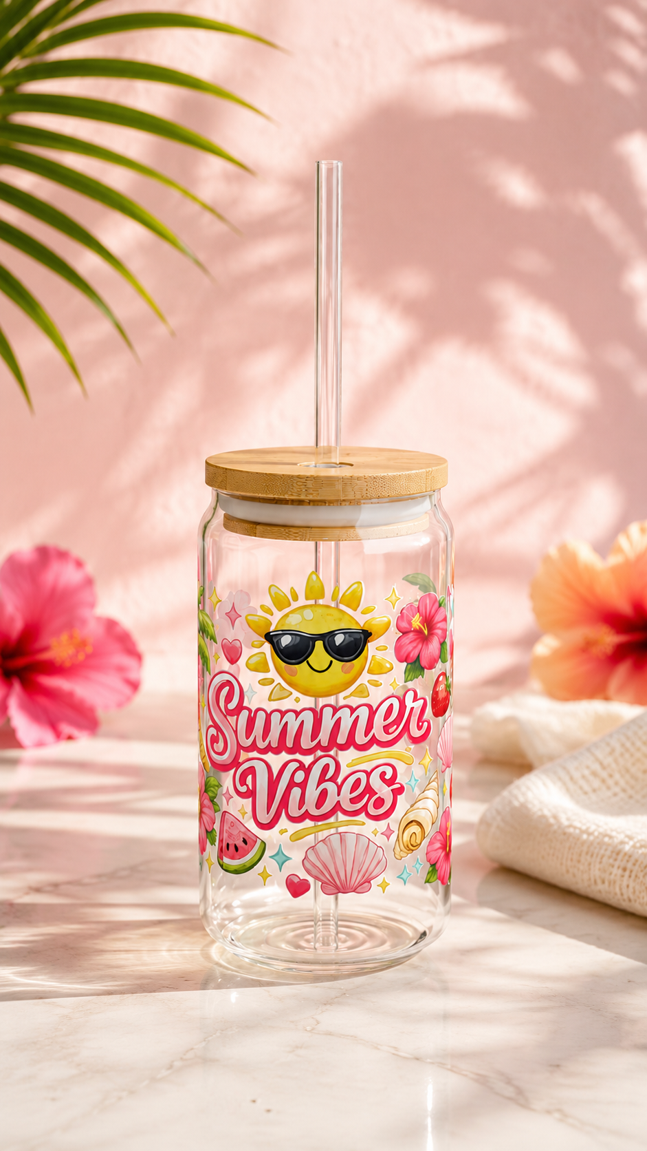 Summer Vibes Glass Tumbler with Bamboo Lid & Glass Straw | Cute Tropical Iced Coffee Cup | Beach Lover Gift