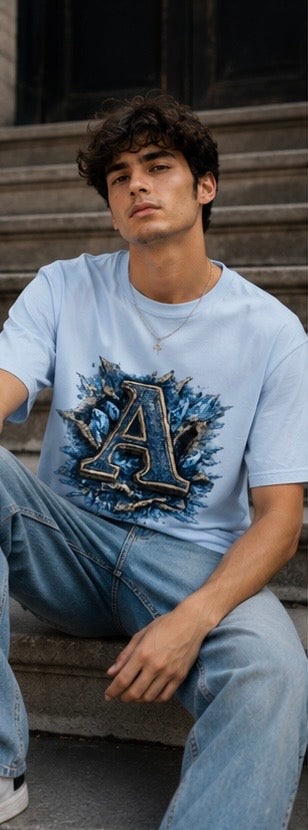 Letter A Floral Monogram T‑Shirt — Vintage Blue Botanical Initial Tee