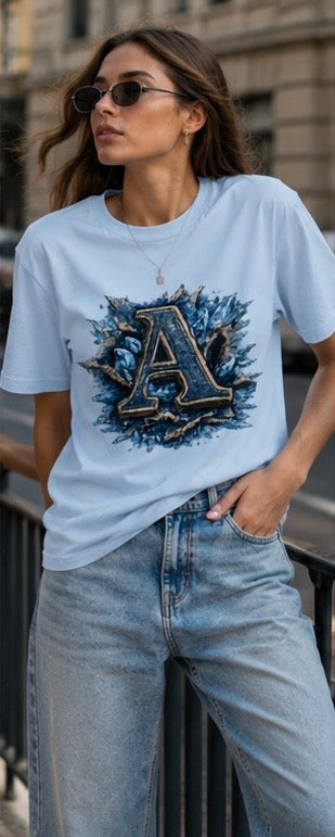 Letter A Floral Monogram T‑Shirt — Vintage Blue Botanical Initial Tee