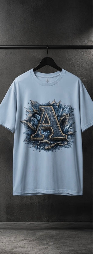 Letter A Floral Monogram T‑Shirt — Vintage Blue Botanical Initial Tee
