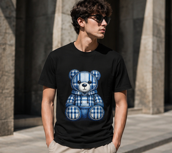 Plaid Blue Teddy Bear T-Shirt — Cute Cozy Graphic Tee