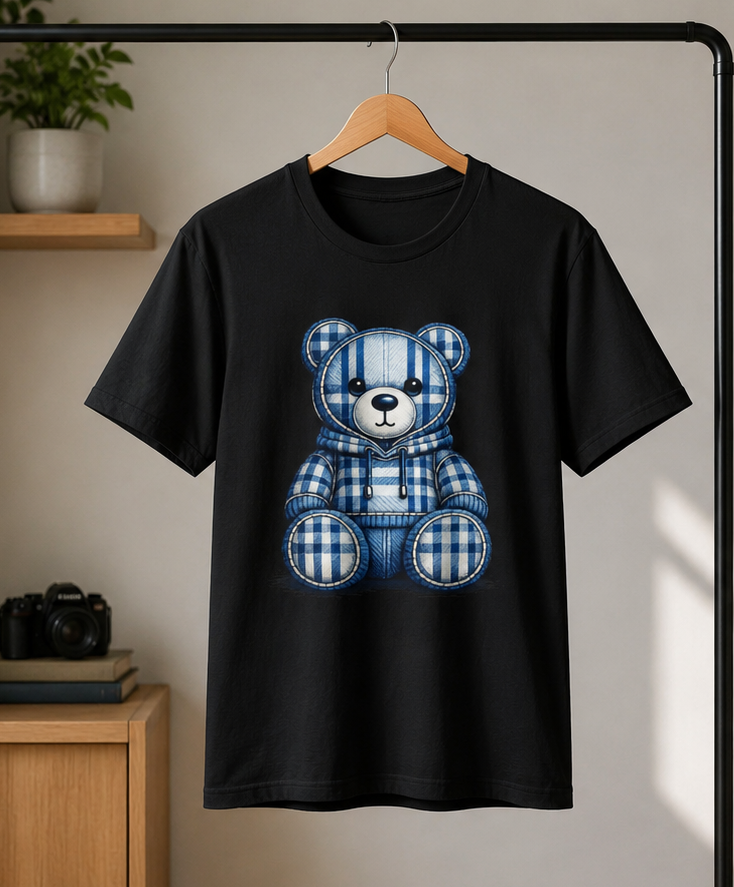 Plaid Blue Teddy Bear T-Shirt — Cute Cozy Graphic Tee