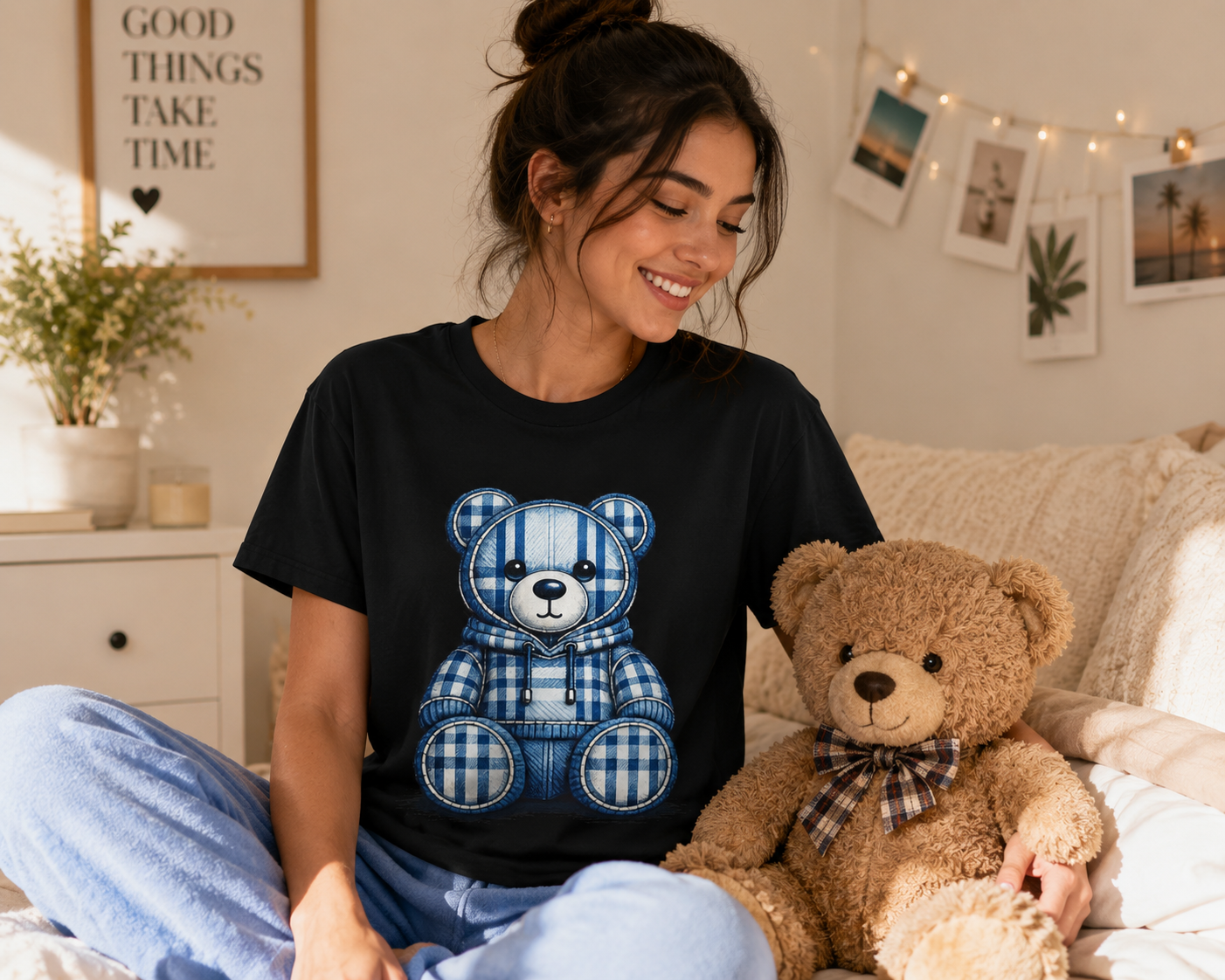 Plaid Blue Teddy Bear T-Shirt — Cute Cozy Graphic Tee