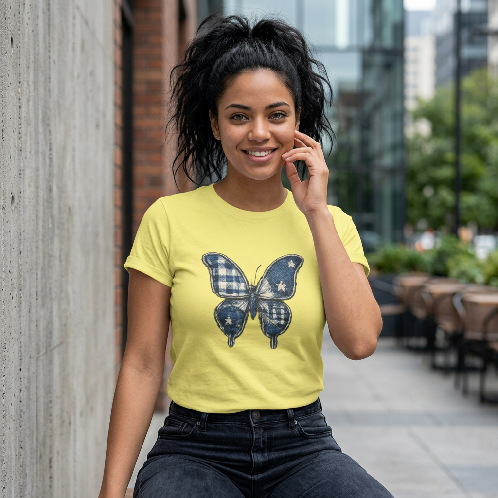 Butterfly Tee — Blue Plaid & Stars Graphic T-Shirt