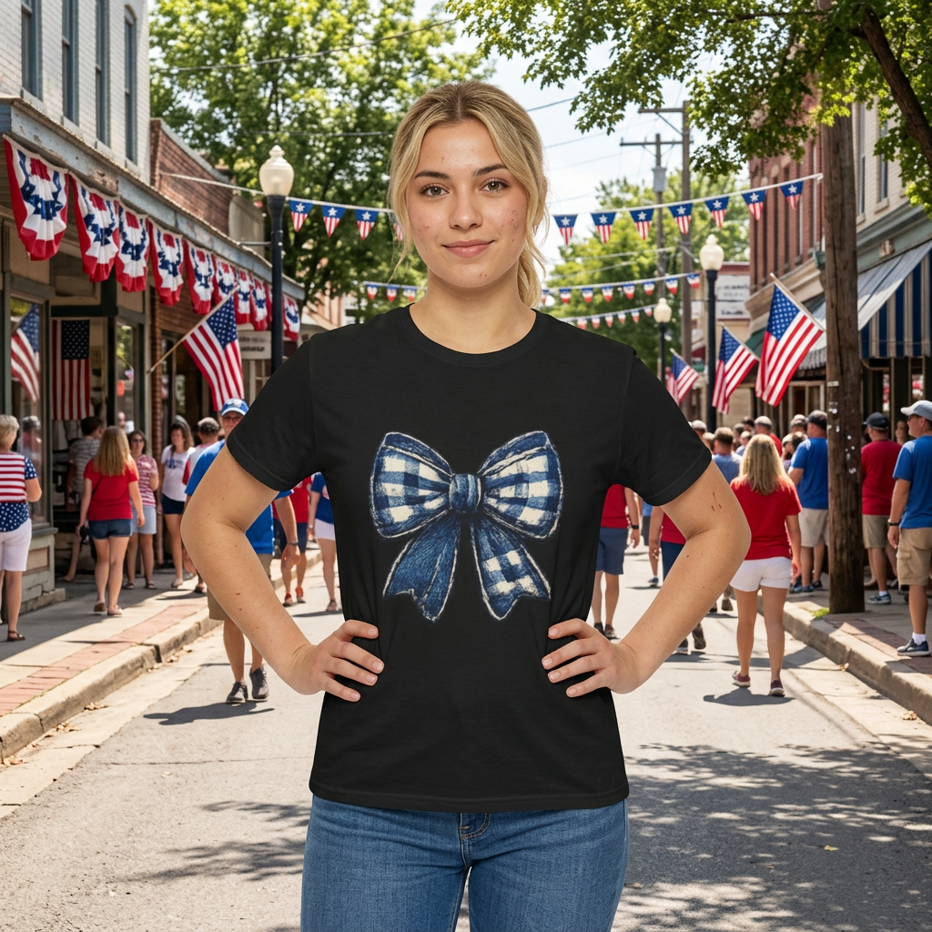 Bow Graphic T-Shirt — Blue Plaid Bow Design