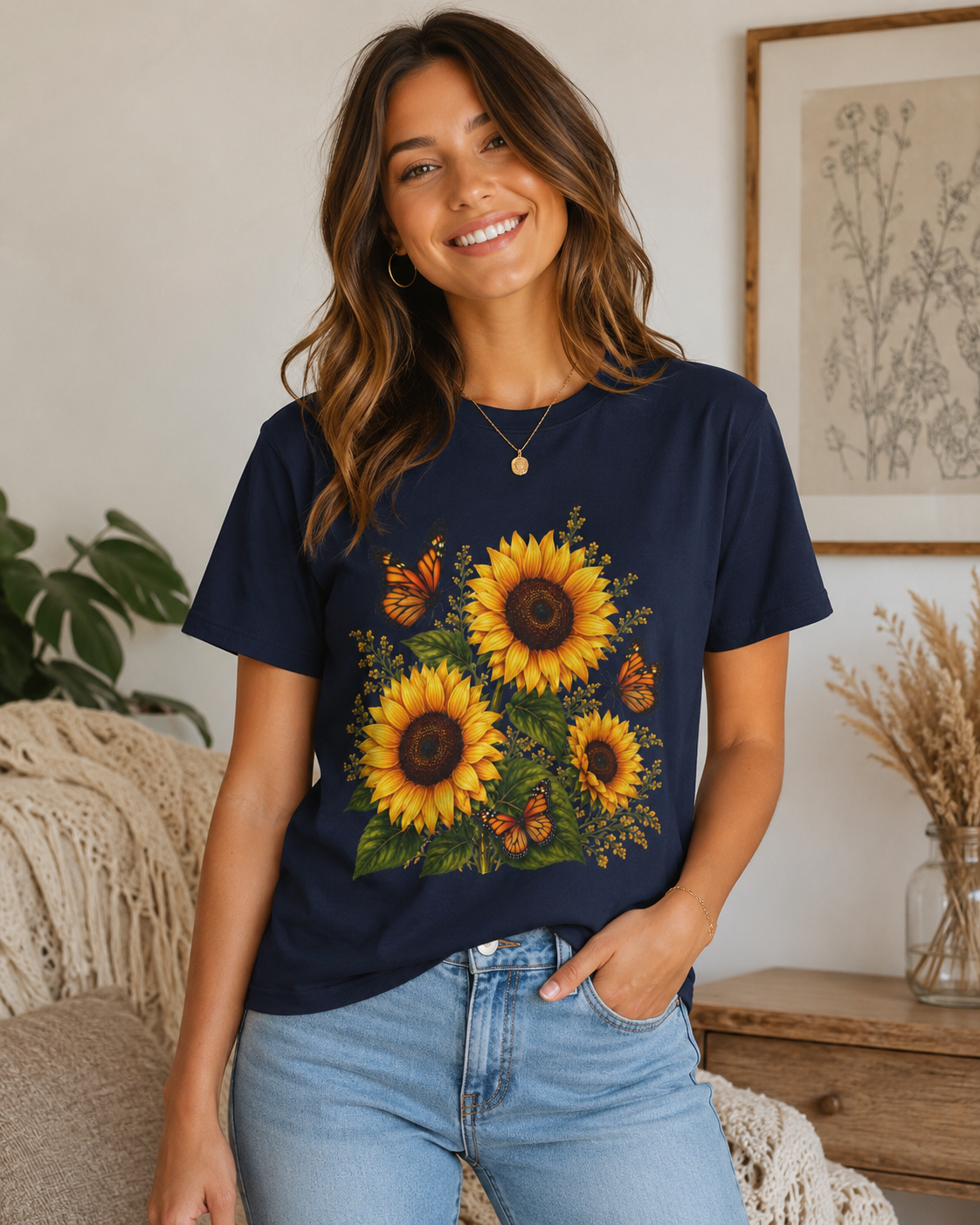 Sunflower & Monarch Butterfly T-Shirt — Floral Summer Tee