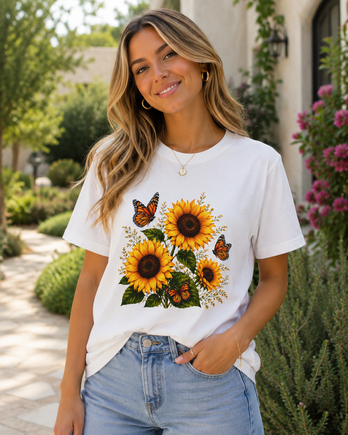 Sunflower & Monarch Butterfly T-Shirt — Floral Summer Tee