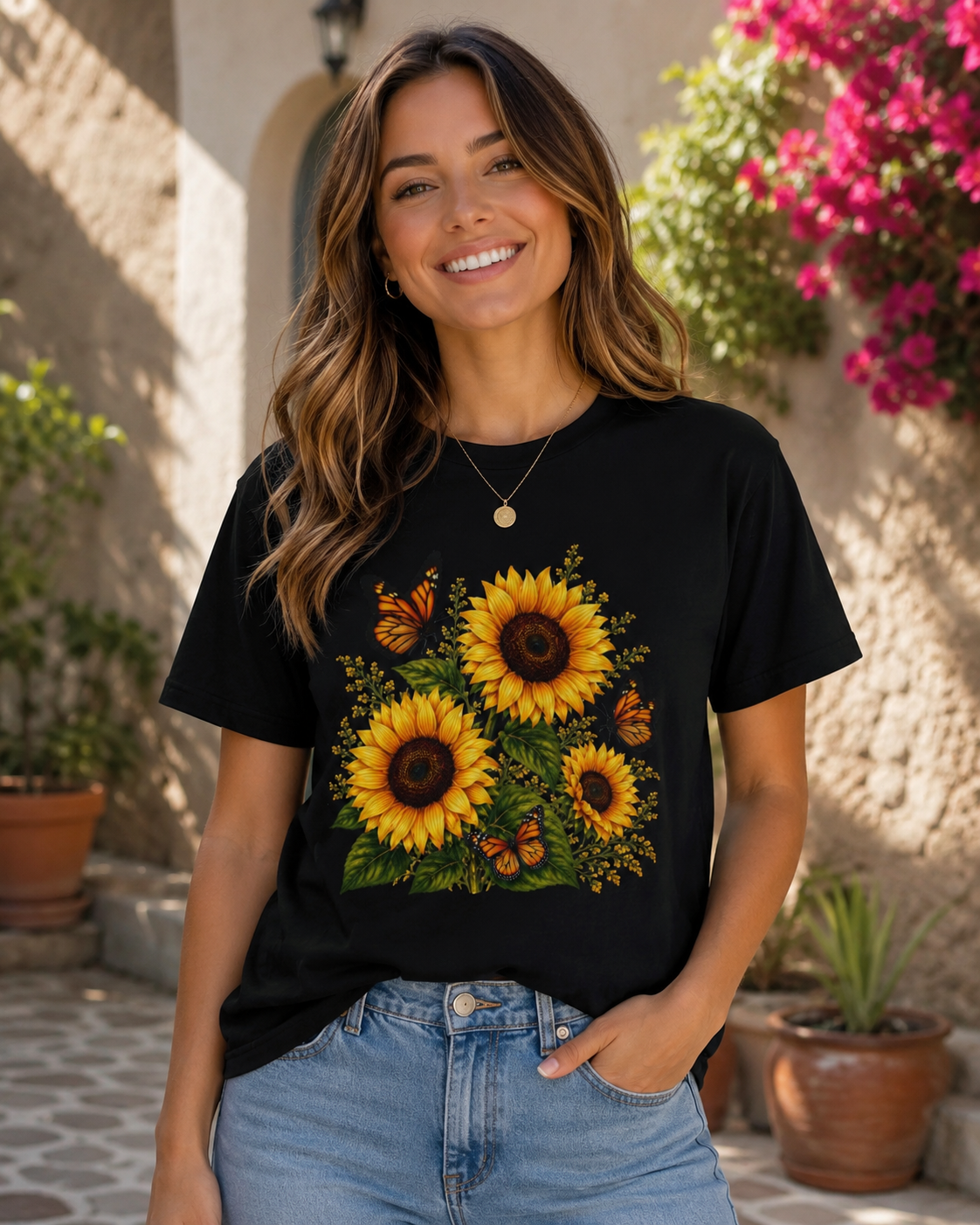 Sunflower & Monarch Butterfly T-Shirt — Floral Summer Tee