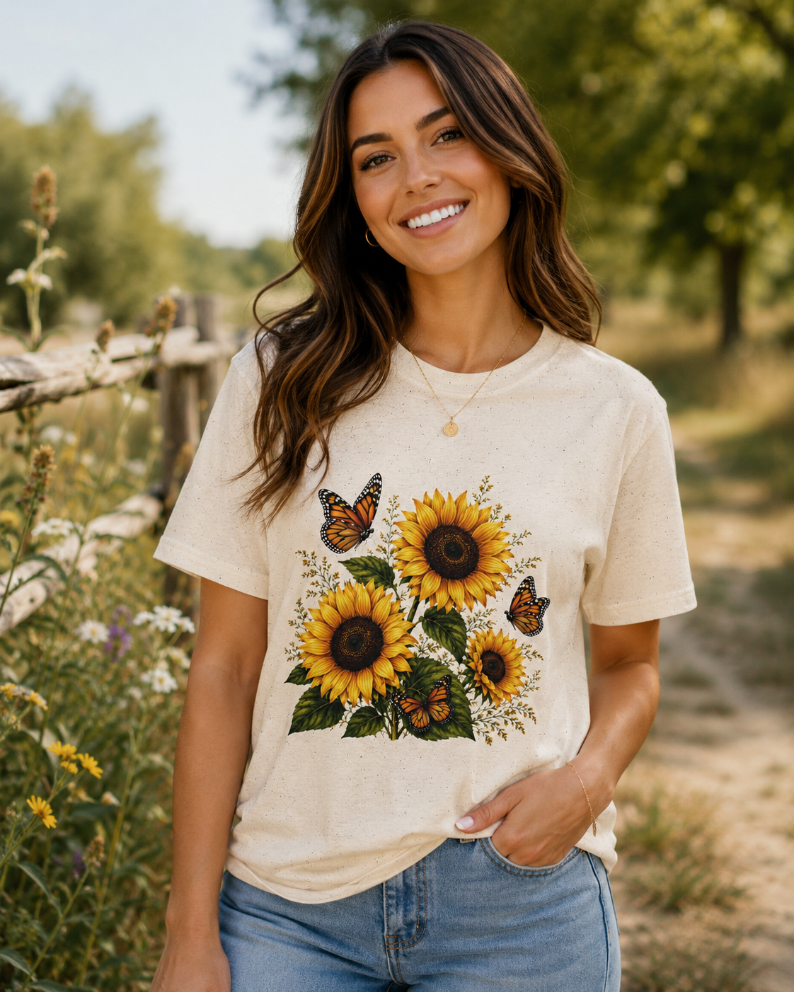 Sunflower & Monarch Butterfly T-Shirt — Floral Summer Tee