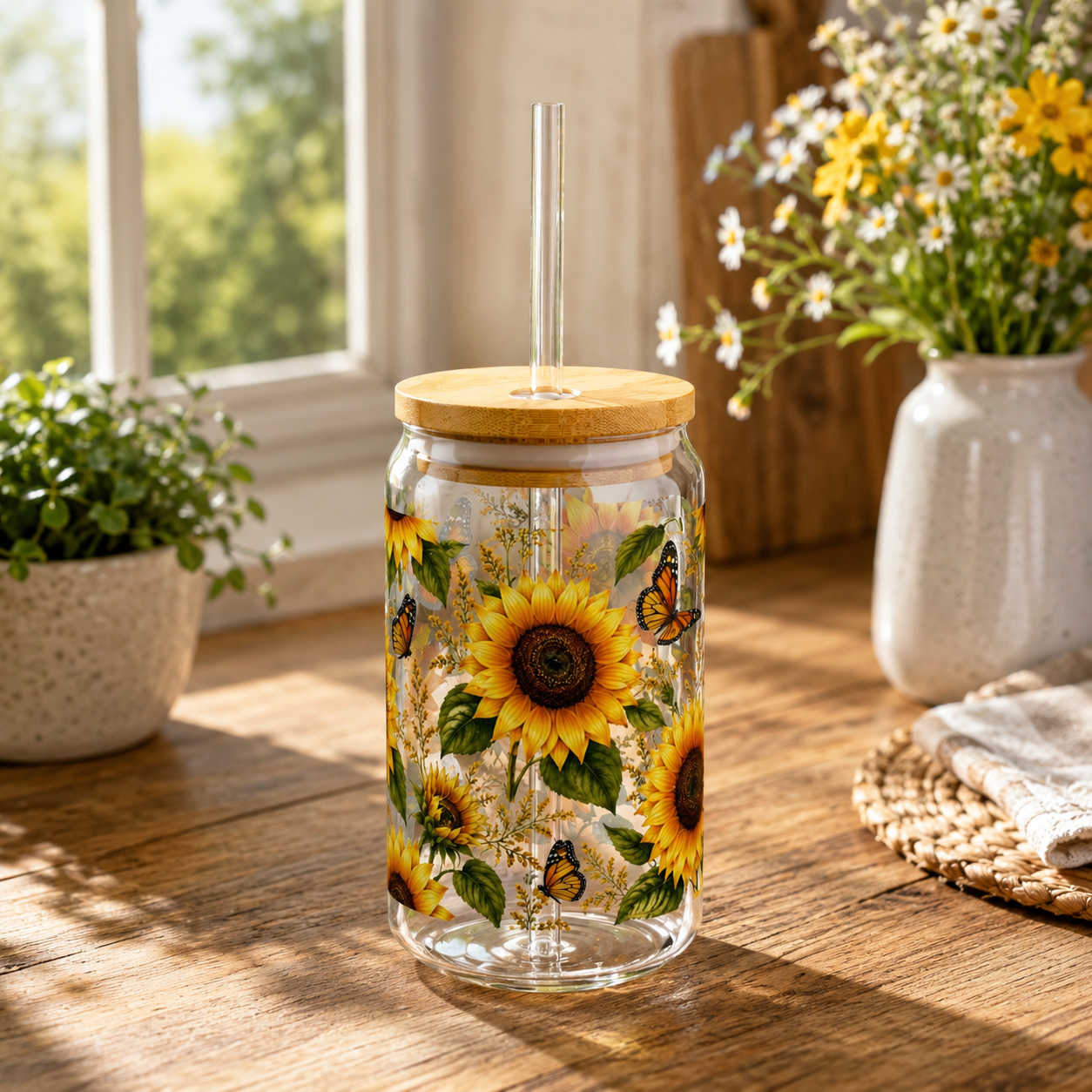 Sunflower & Butterfly Sipper Glass — 16oz Reusable Straw Tumbler