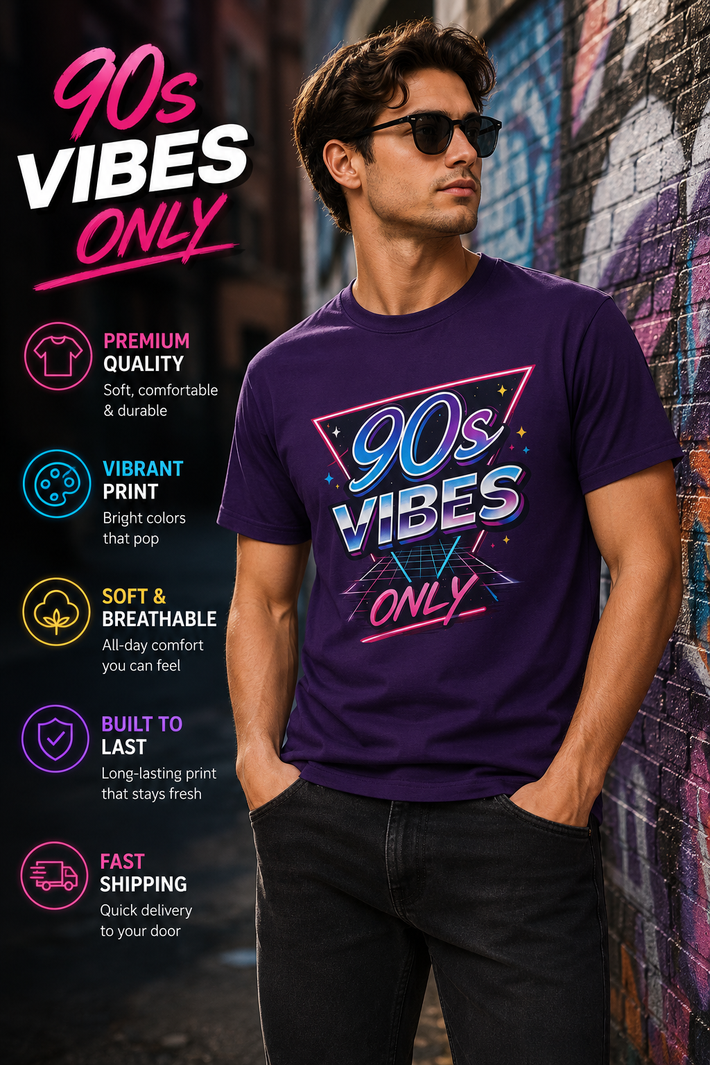 90s Vibes T-Shirt — Retro Neon Graphic Tee