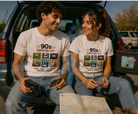 90s Survival Kit T-Shirt — Retro Cassette, Floppy & VHS Nostalgia Tee