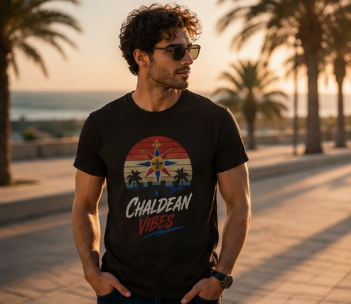 Chaldean Vibes Retro Sun T-Shirt – Assyrian Star & Palm Beach Tee
