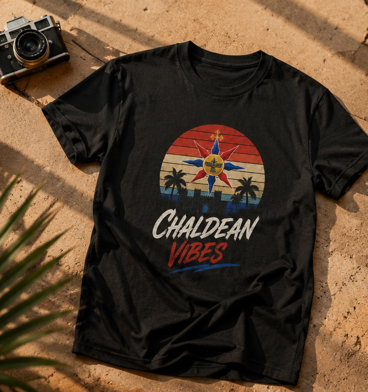 Chaldean Vibes Retro Sun T-Shirt – Assyrian Star & Palm Beach Tee