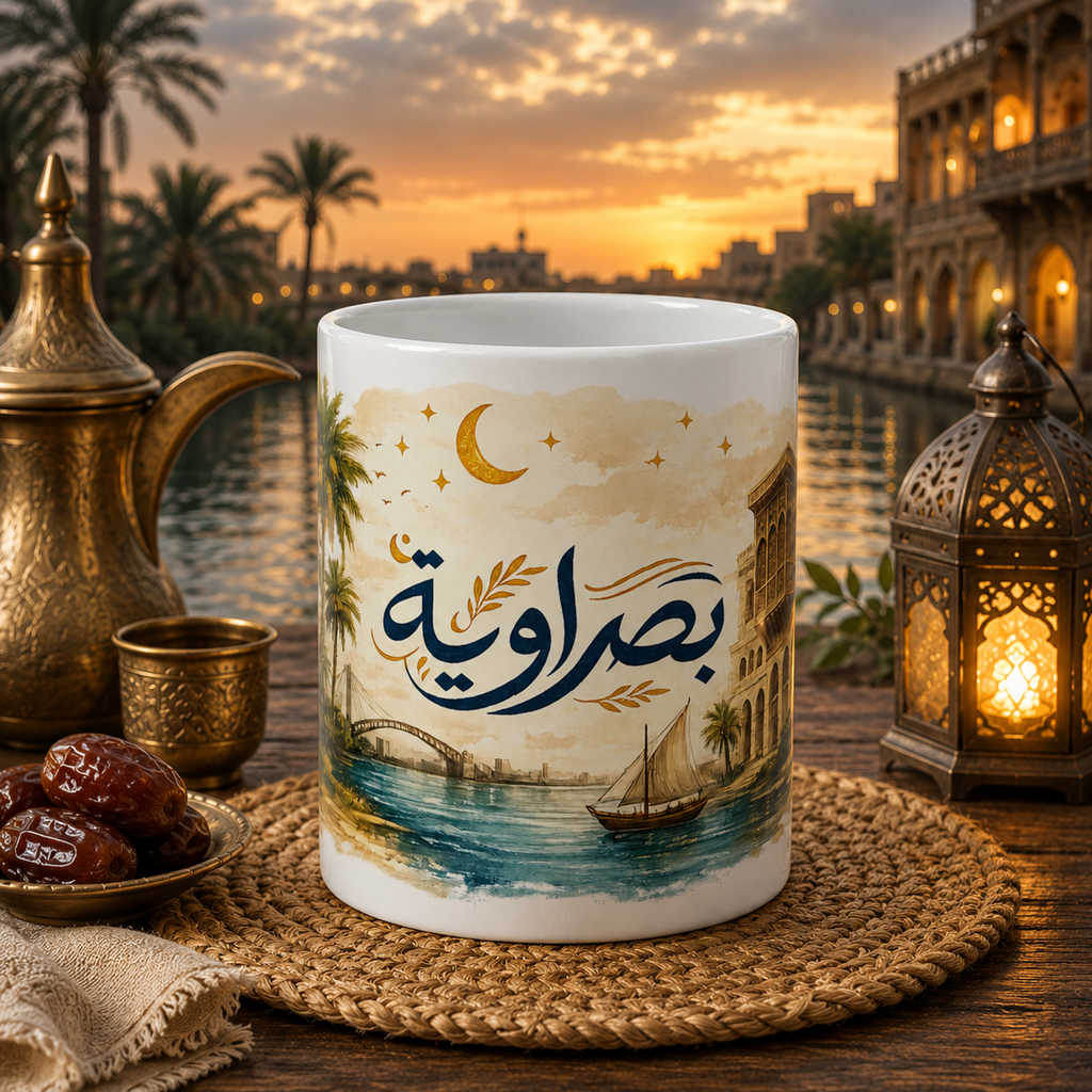 Basra Landscape Ceramic Mug – Arabic Calligraphy ‘بصراوية’ Vintage River Scene