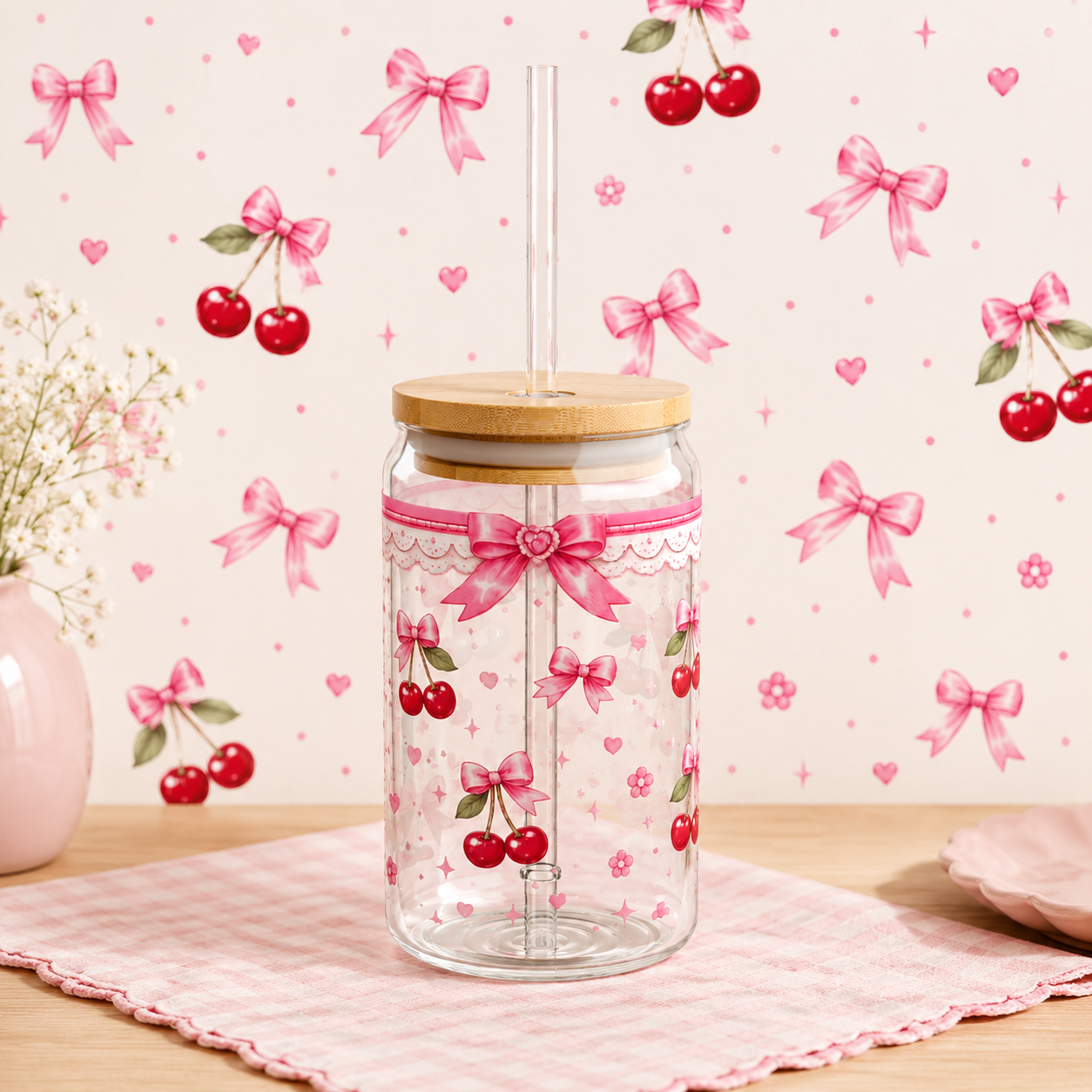 16oz Cherry Bow Sipper Glass - Cute Pink Ribbon Mason Tumbler with Straw
