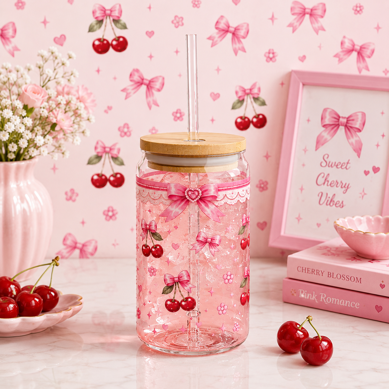 16oz Cherry Bow Sipper Glass - Cute Pink Ribbon Mason Tumbler with Straw