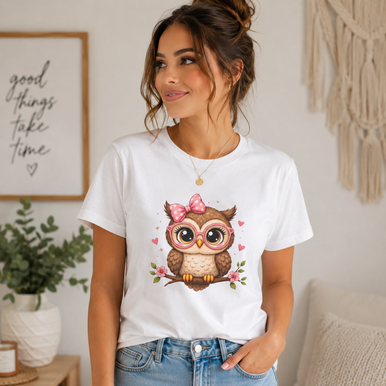 Cute Owl Tee — Whimsical Pink Bow Owl Graphic T-Shirt