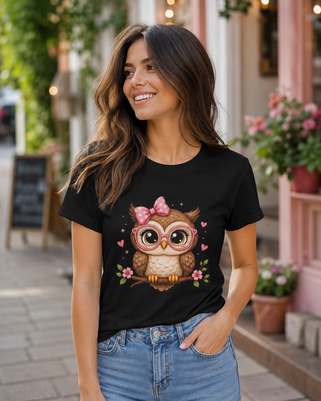 Cute Owl Tee — Whimsical Pink Bow Owl Graphic T-Shirt